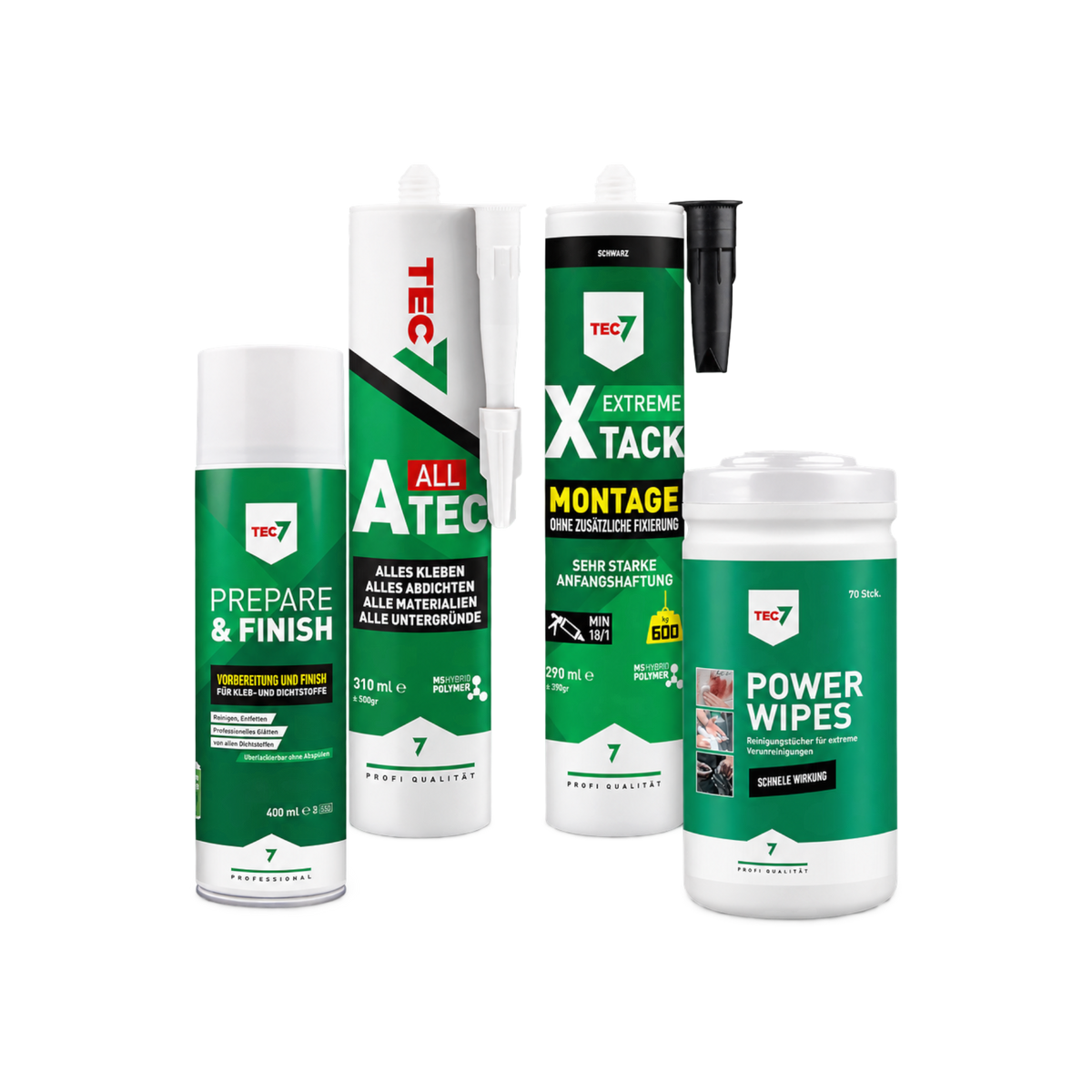 glue4you TEC7 Starter Set I mit Kleb- und Dichtstoffen, Montagekleber, Reinigungsspray und Power Wipes Reinigungstüchern