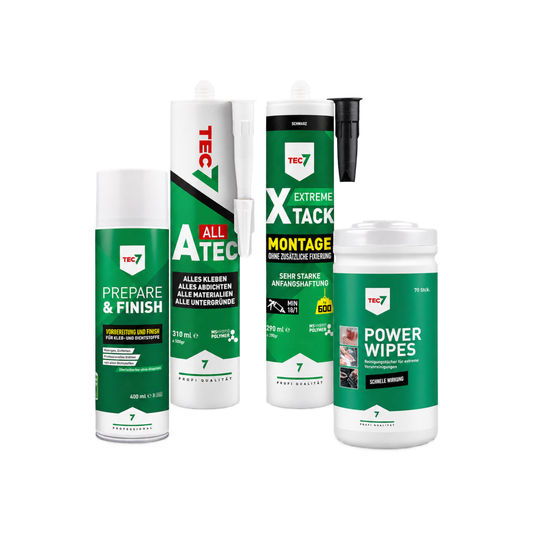 glue4you TEC7 Starter Set I mit Kleb- und Dichtstoffen, Montagekleber, Reinigungsspray und Power Wipes Reinigungstüchern