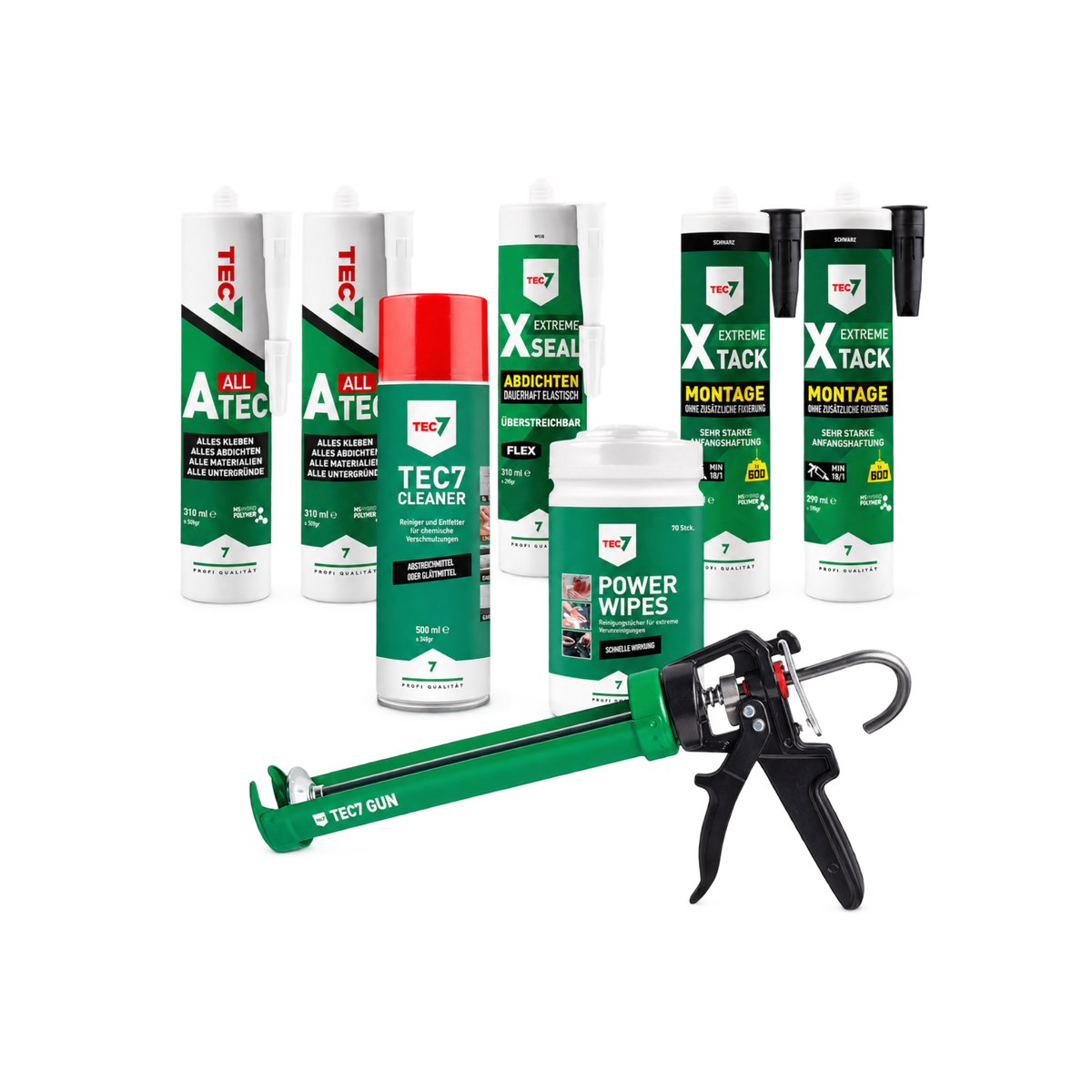 glue4you TEC7 Starter Set 2 mit Klebstoffen, Dichtstoffen, Reiniger, Power Wipes und Profi-Kartuschenpistole