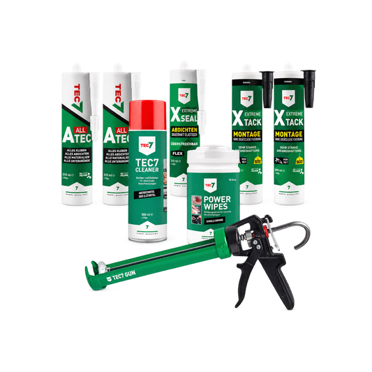 glue4you TEC7 Starter Set 2 mit Klebstoffen, Dichtstoffen, Reiniger, Power Wipes und Profi-Kartuschenpistole